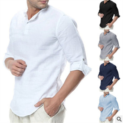 Chemise en lin décontractée pour hommes avec col montant moderne et détails de boutons pratiques Heidi-Mod.