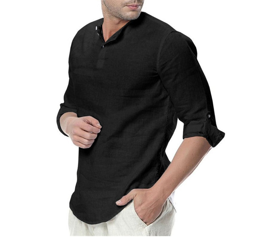 Chemise en lin décontractée pour hommes avec col montant moderne et détails de boutons pratiques Heidi-Mod.