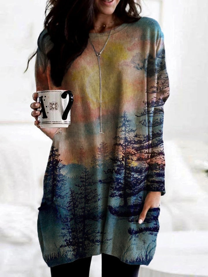 T-shirt à manches longues pour femme avec design artistique de paysage Chic und Stil