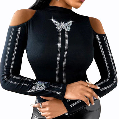 Dames Haut élégant avec emmanchure extravagante et appliques scintillantes Chic und Stil