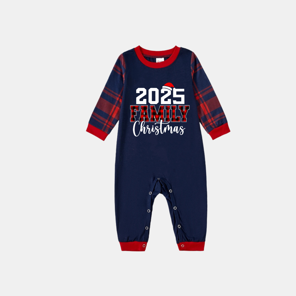 Chic und Stil | "2025 Christmas" Text and Santa hat print Blue Long-sleeved top with Red and Blue checkered pants Christmas pajamas in matching design