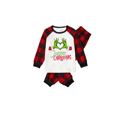 Chic und Stil | Merry Christmas 2025 Memories Family Pajama Set - White Top, Red Pants, Red Buffalo Check Pattern Sleeves