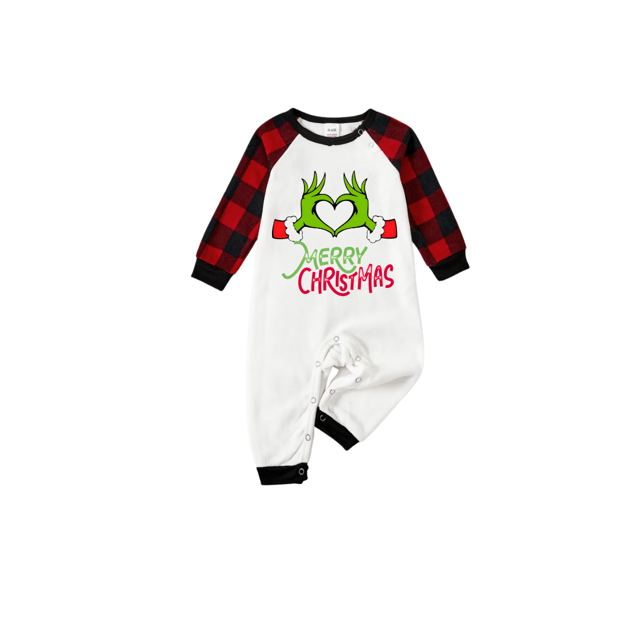Chic und Stil | Merry Christmas 2025 Memories Family Pajama Set - White Top, Red Pants, Red Buffalo Check Pattern Sleeves