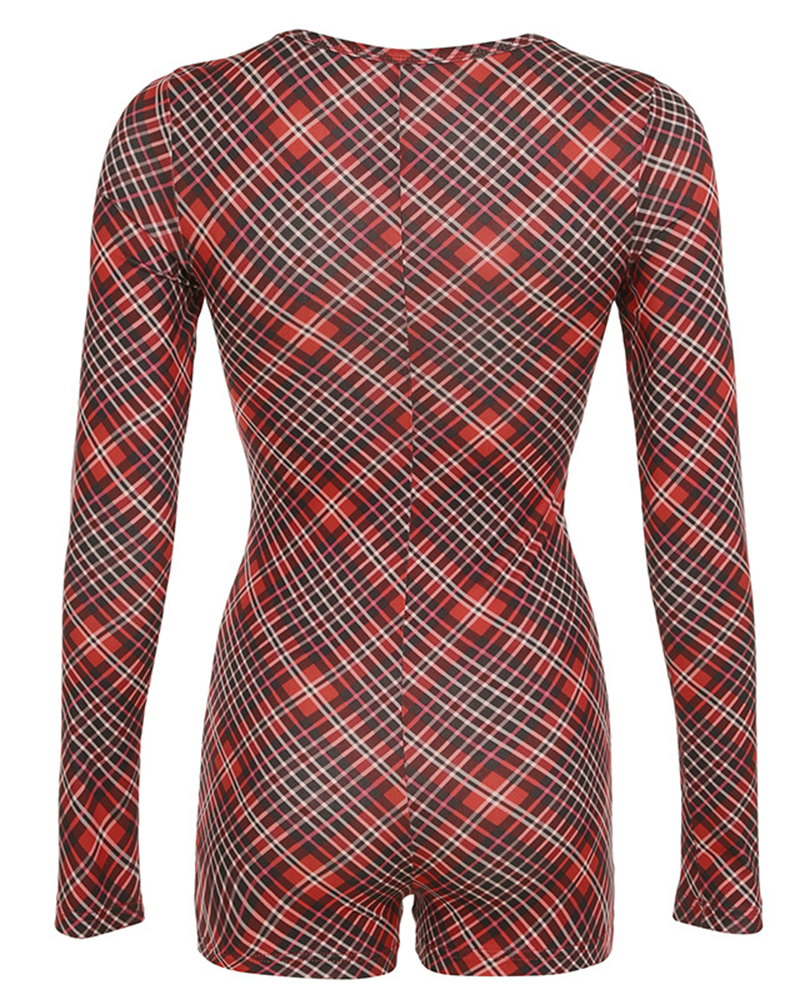 Chic und Stil | Christmas check pattern V-neck long sleeve romper shorts