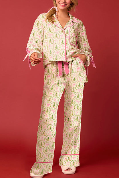Chic und Stil | Christmas Printed Velvet Lacing Long Sleeve Bag Top and Elastic Waist Pants Set