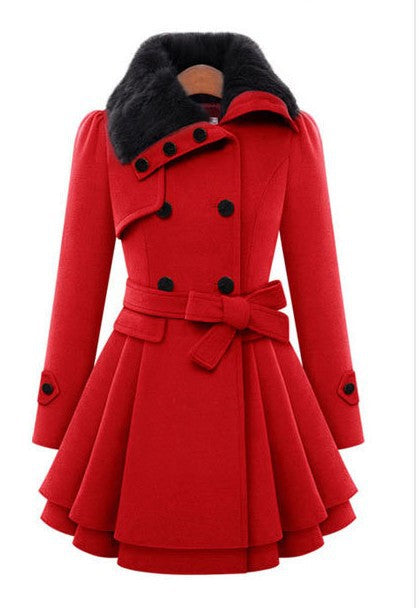 Chic trench-coat pour femmes avec col en fourrure amovible et jupe évasée Chic und Stil