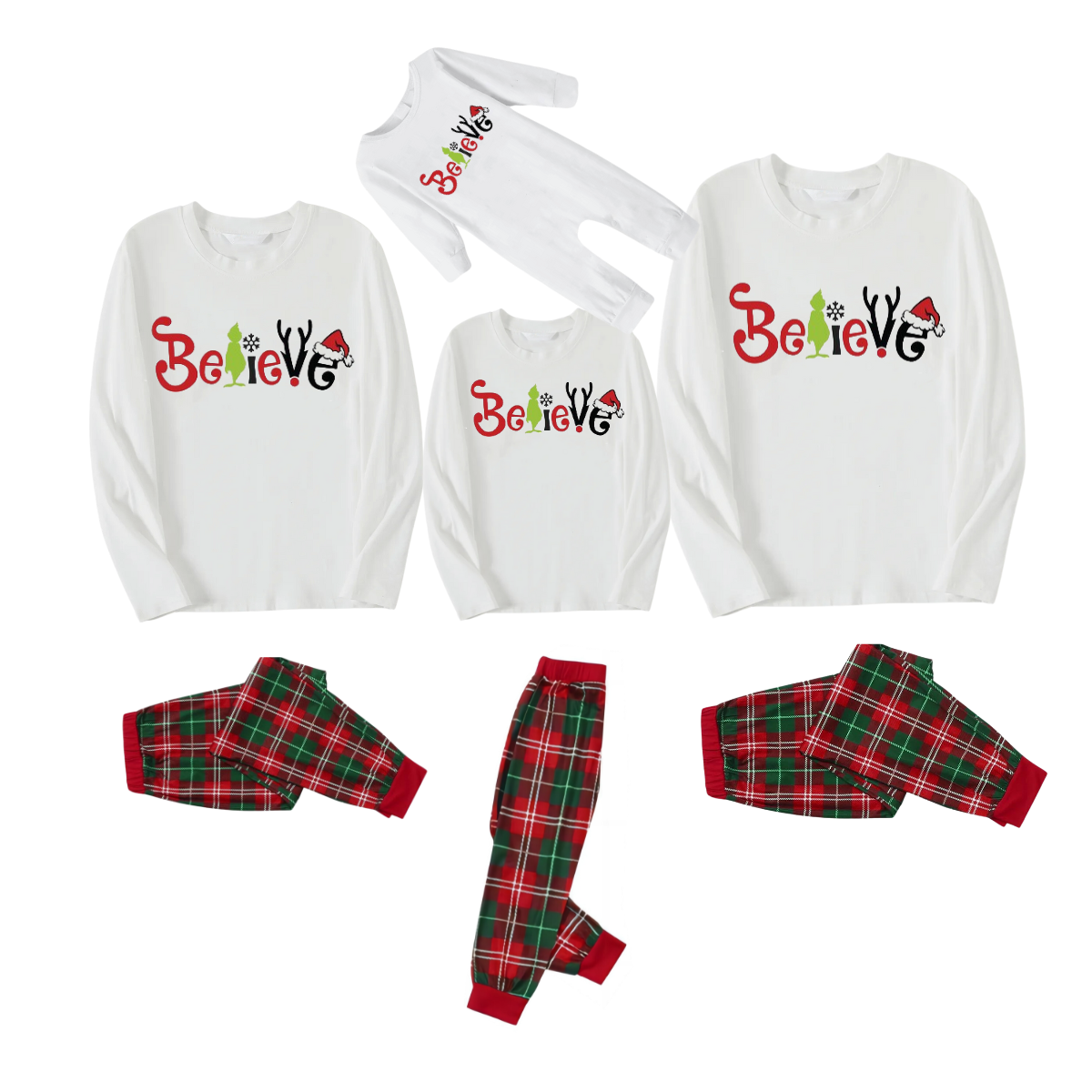 Chic und Stil | Christmas 2025 "Faith" Letters White Long Sleeve Top with Red & Green Checkered Pants Family Matching Pajamas