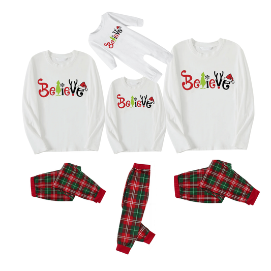 Chic und Stil | Christmas 2025 "Faith" Letters White Long Sleeve Top with Red & Green Checkered Pants Family Matching Pajamas