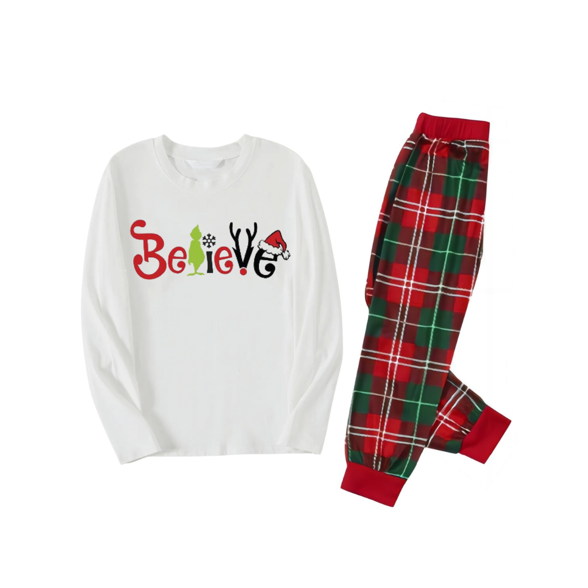 Chic und Stil | Christmas 2025 "Faith" Letters White Long Sleeve Top with Red & Green Checkered Pants Family Matching Pajamas