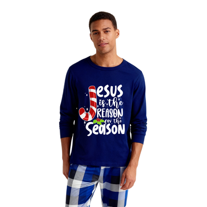 Chic und Stil | Christmas Jesus White Letters Print Contrast Blue Long Sleeve Shirt with Blue and White Checkered Pants Family Matching Pajamas