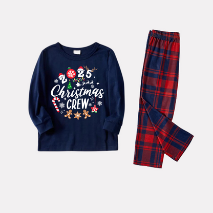 Chic und Stil | "2025 Santa Crew" Text and Santa Hat Prints Blue Long Sleeve Top with Red and Blue Checkered Pants Christmas Matching Pyjamas