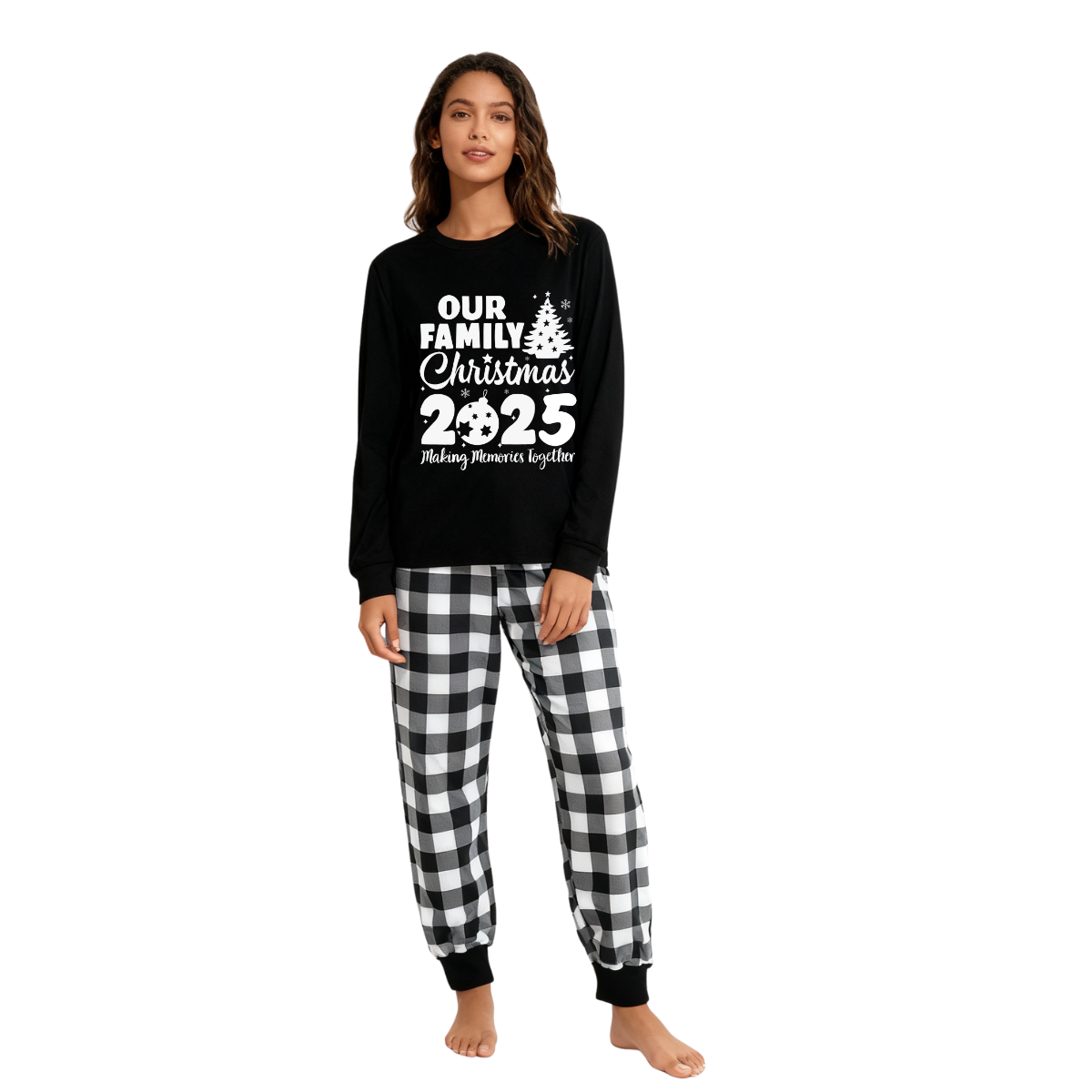 Chic und Stil | Our Family Christmas 2025 Joint Memories' Letter Print Black Long Sleeve Shirt with Black and White Checkered Pants Family Matching Pajamas