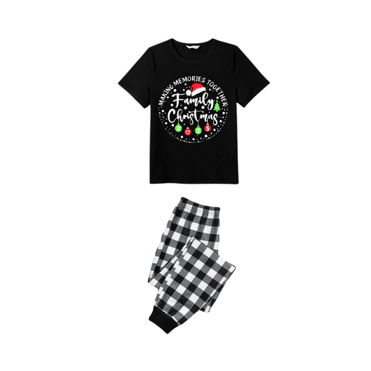 Chic und Stil | Shared Memories Family Christmas 2025 Pajama Set - Black Top Black and White Checkered Pants White Text Graphic