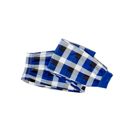 Chic und Stil | Christmas Jesus White Letters Print Contrast Blue Long Sleeve Shirt with Blue and White Checkered Pants Family Matching Pajamas