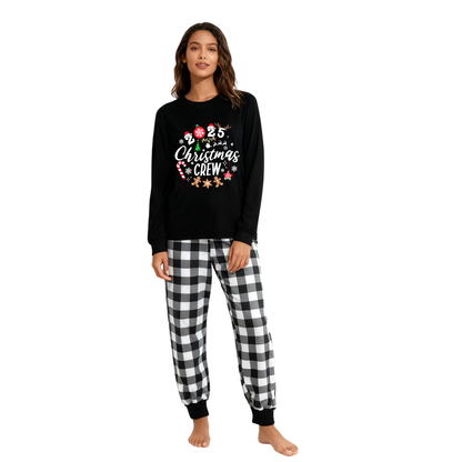 Chic und Stil | 2025 Christmas Crew Creating Memories Text Print Black Long Sleeve Shirt with Black and White Checkered Pants Family Matching Pajamas