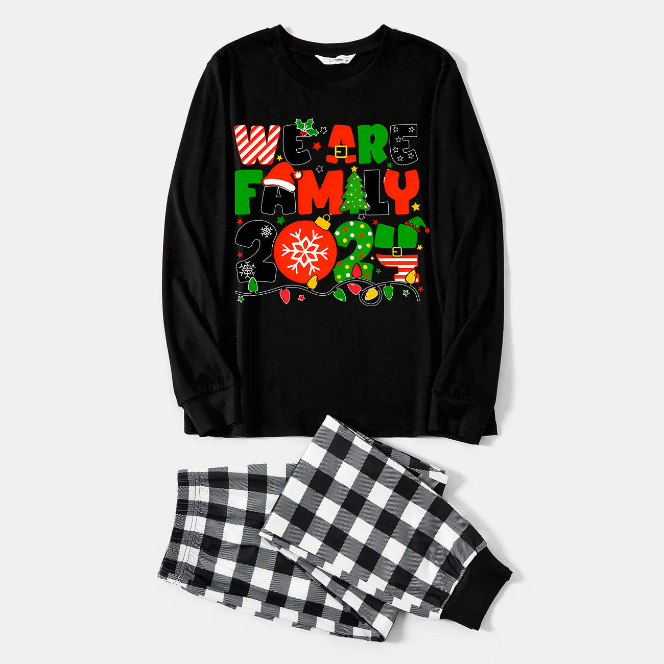 Chic und Stil | Christmas "We are Family" Colorful Multi-Element Letter Black Long Sleeve Top with Black and White Checkered Pants Family Matching Pajamas