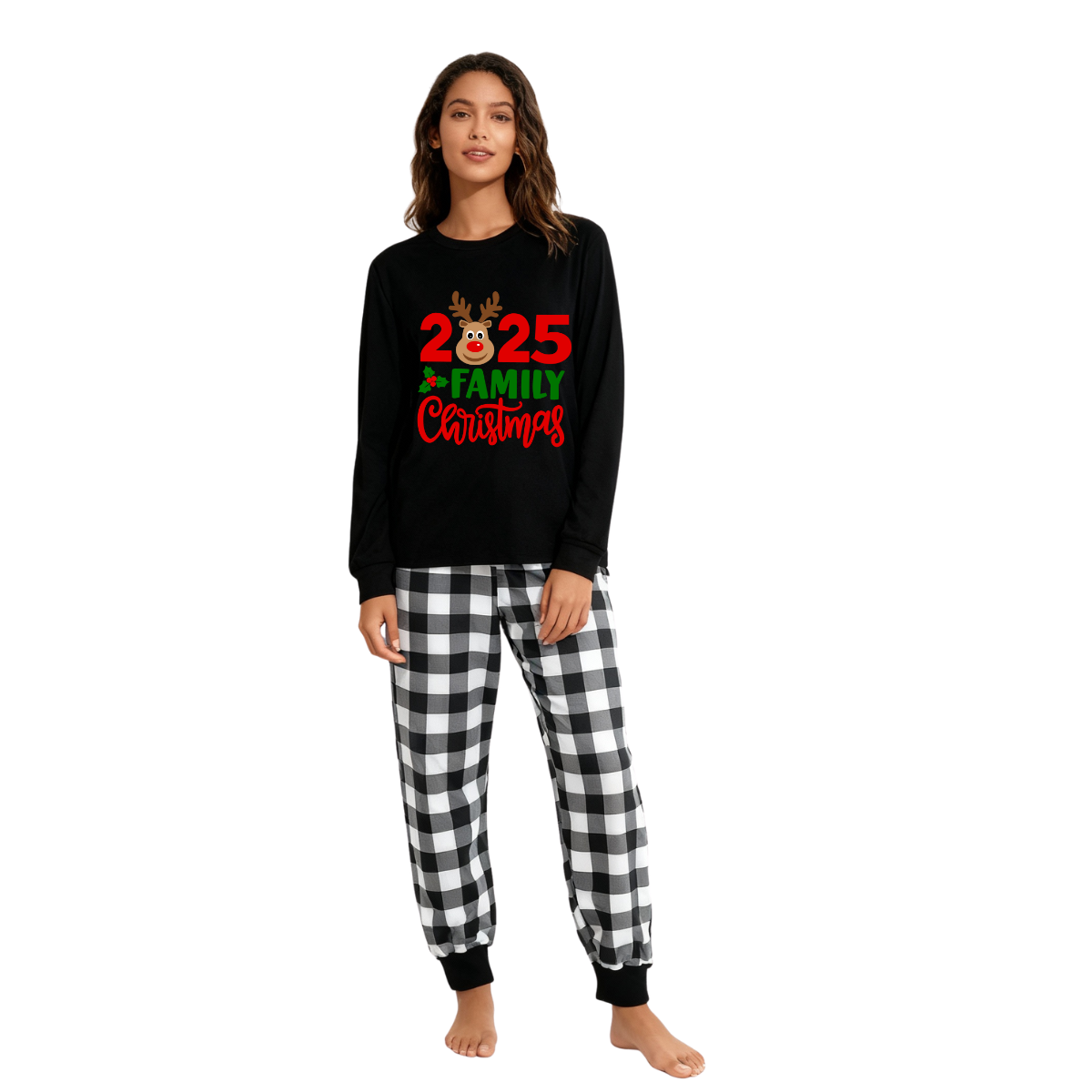Chic und Stil | "2025 Family Christmas" Moose Letter Print Black Long Sleeve Top with Black and White Checkered Pants Family Matching Pajamas
