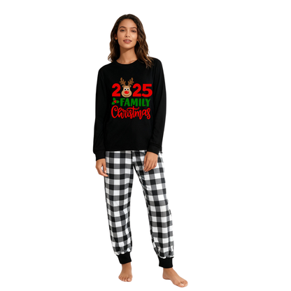 Chic und Stil | "2025 Family Christmas" Moose Letter Print Black Long Sleeve Top with Black and White Checkered Pants Family Matching Pajamas