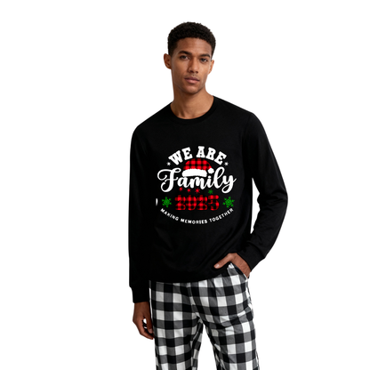 Chic und Stil | "We are Family2025" Santa Hat Monogram Print Black Long Sleeve Shirt with Black and White Checkered Pants Family Matching Pajamas