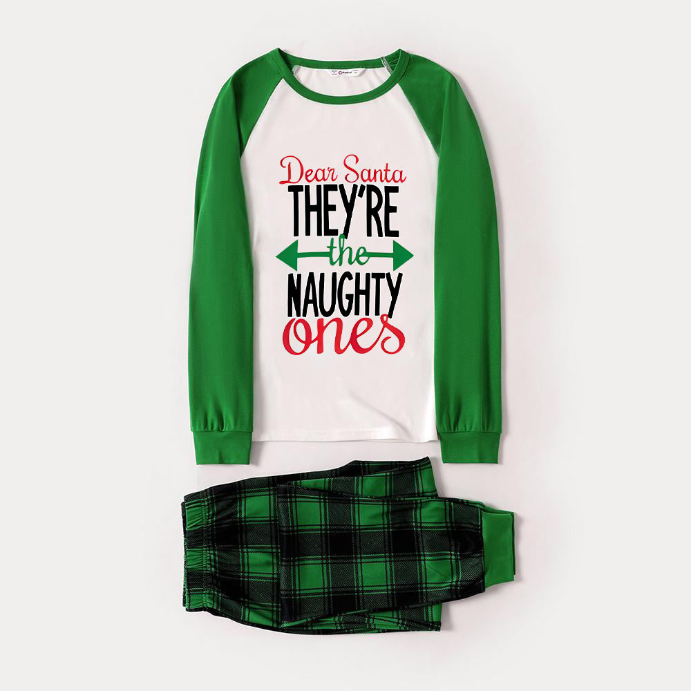 Chic und Stil | Dear Santa Claus You are the Disobedient's Letter Print Casual Long Sleeve Sweater Green Contrast Top and Black-Green Checkered Pants Matching Long Sleeve Raglan Family Pajama Sets with Dog Bandana