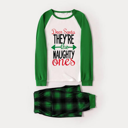 Chic und Stil | Dear Santa Claus You are the Disobedient's Letter Print Casual Long Sleeve Sweater Green Contrast Top and Black-Green Checkered Pants Matching Long Sleeve Raglan Family Pajama Sets with Dog Bandana