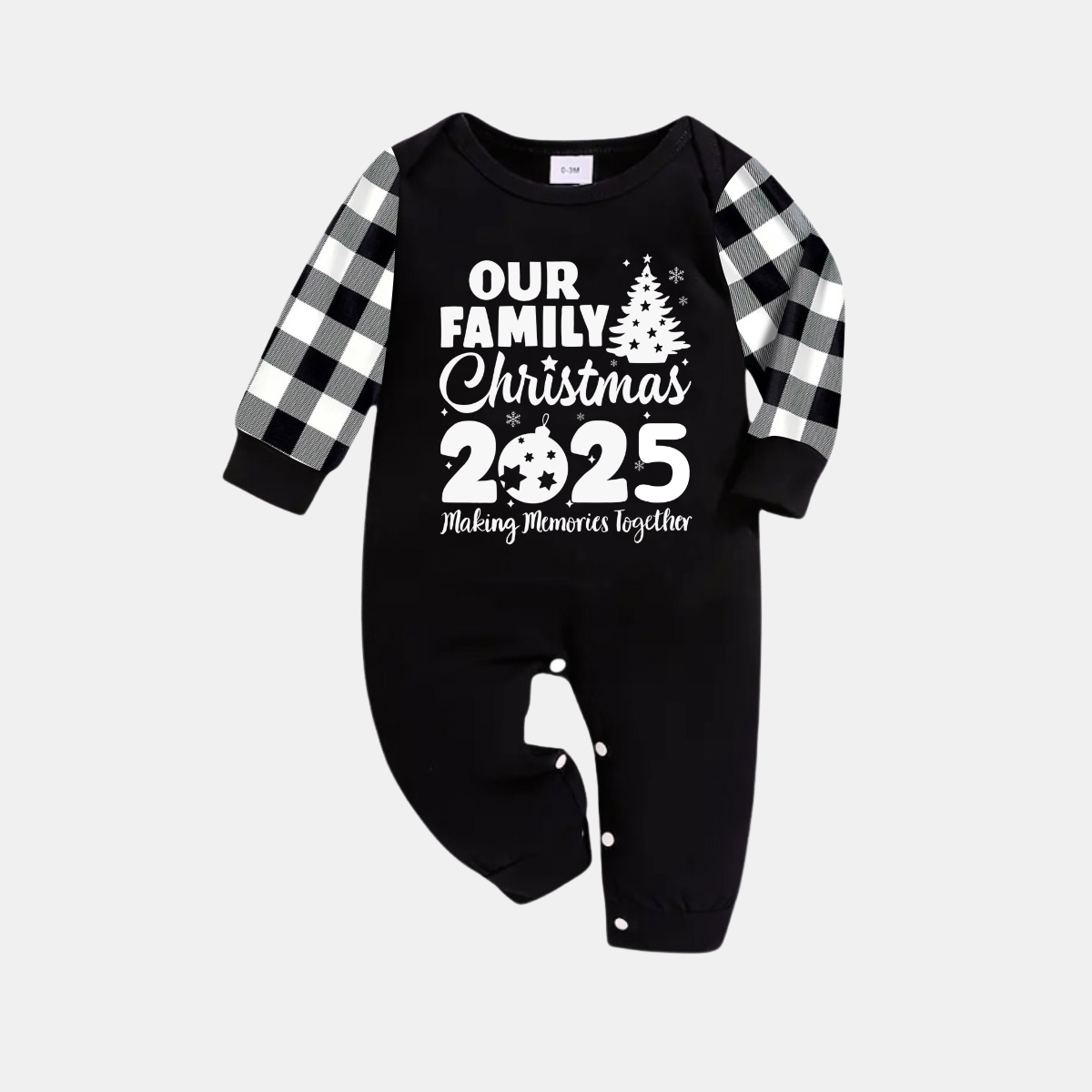 Chic und Stil | Our Family Christmas 2025 Joint Memories' Letter Print Black Long Sleeve Shirt with Black and White Checkered Pants Family Matching Pajamas
