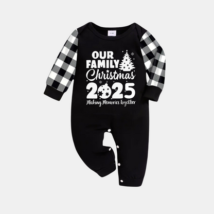 Chic und Stil | Our Family Christmas 2025 Joint Memories' Letter Print Black Long Sleeve Shirt with Black and White Checkered Pants Family Matching Pajamas