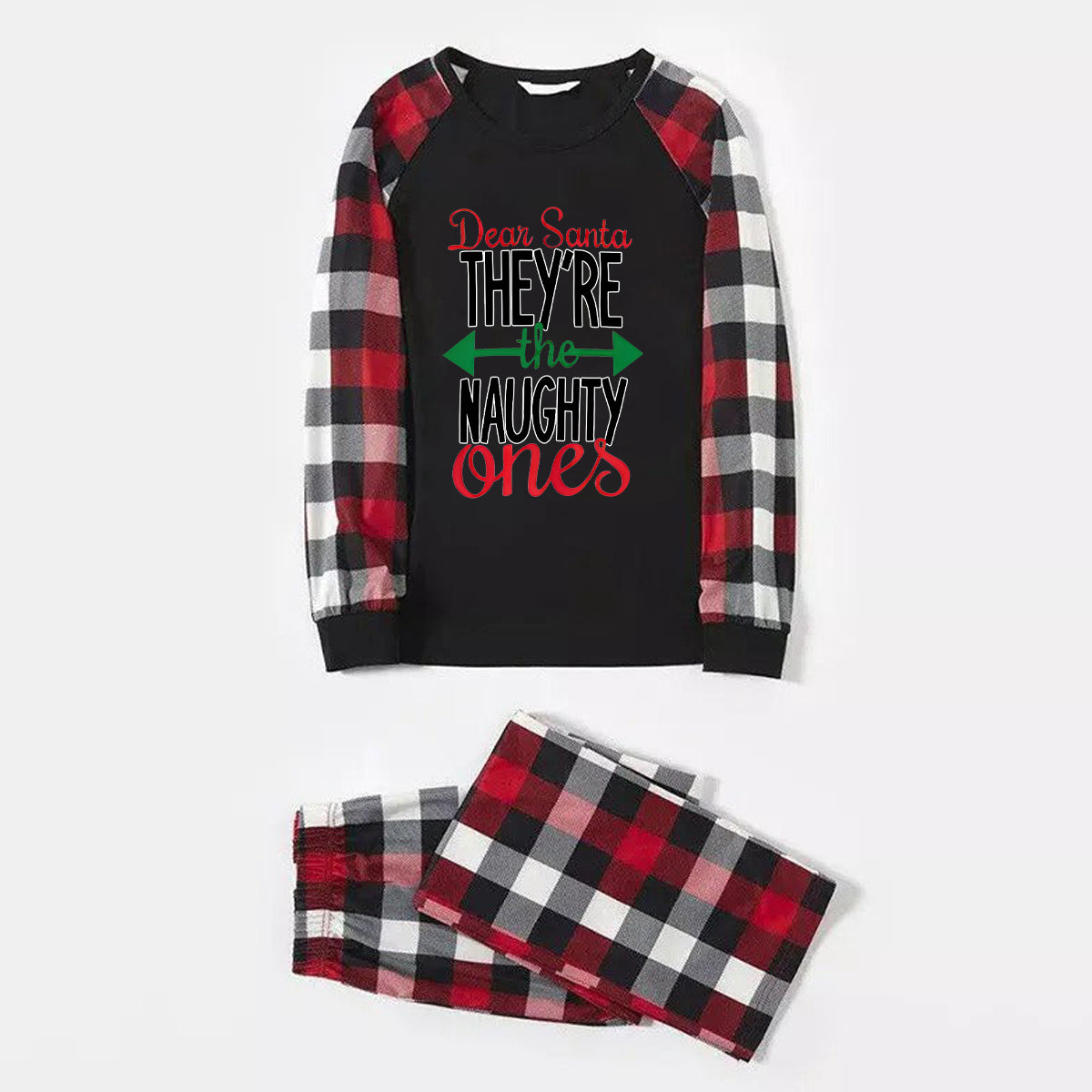 Chic und Stil | Dear Santa You are the naughty' Long sleeve printed sweatshirts Casual tops and Red & black & white plaid pants Family matching pajama set with dog bandana