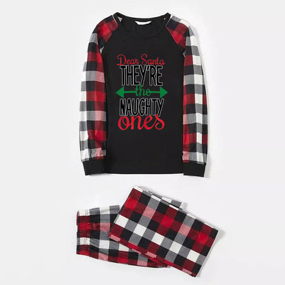 Chic und Stil | Dear Santa You are the naughty' Long sleeve printed sweatshirts Casual tops and Red & black & white plaid pants Family matching pajama set with dog bandana