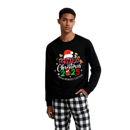 Chic und Stil | Christmas Family 2025 Create memories together Long sleeve black text print T-shirt with black and white checkered pants Matching family pajamas