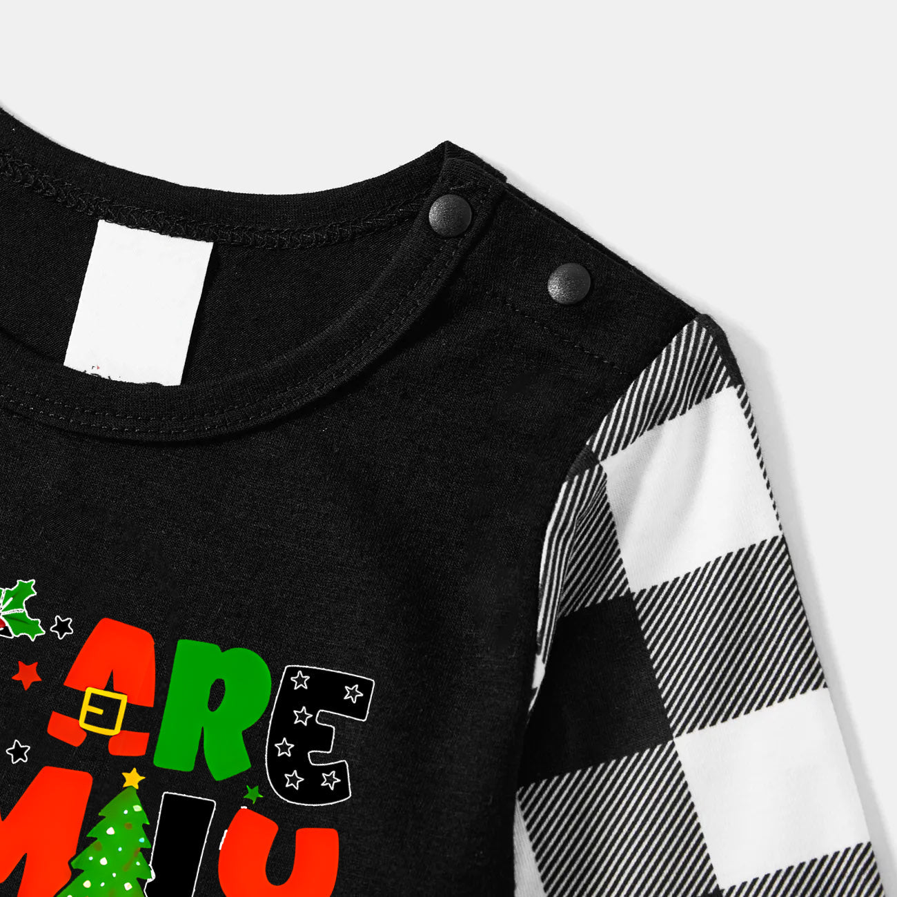 Chic und Stil | Christmas "We are Family" Colorful Multi-Element Letter Black Long Sleeve Top with Black and White Checkered Pants Family Matching Pajamas
