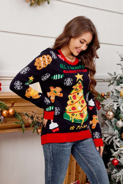 Chic und Stil | Casual round neck pullover with embroidered Christmas tree