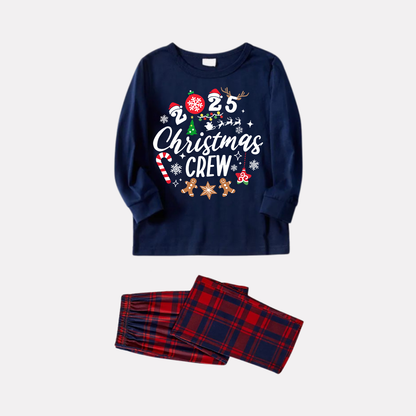 Chic und Stil | "2025 Santa Crew" Text and Santa Hat Prints Blue Long Sleeve Top with Red and Blue Checkered Pants Christmas Matching Pyjamas