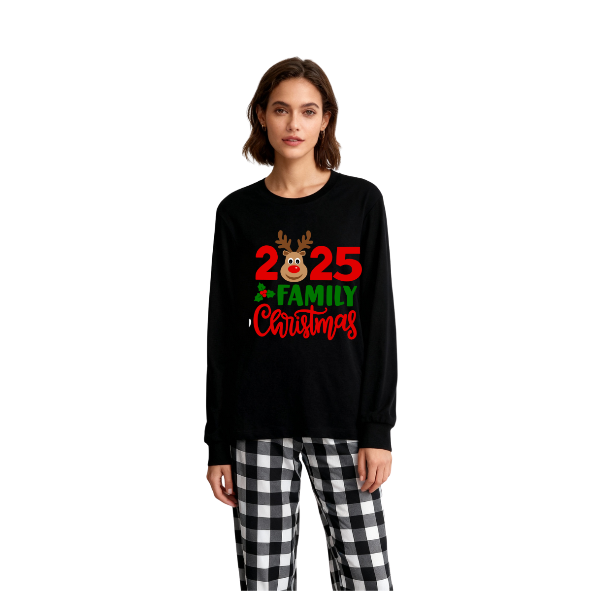 Chic und Stil | "2025 Family Christmas" Moose Letter Print Black Long Sleeve Top with Black and White Checkered Pants Family Matching Pajamas