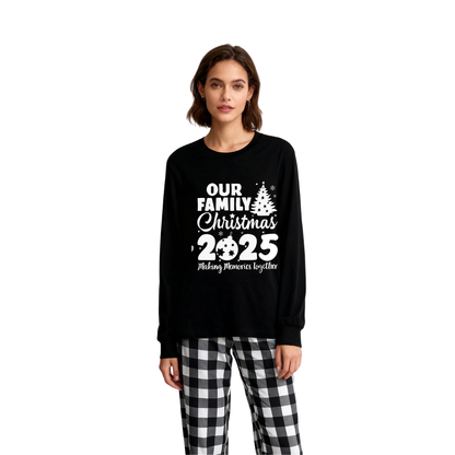 Chic und Stil | Our Family Christmas 2025 Joint Memories' Letter Print Black Long Sleeve Shirt with Black and White Checkered Pants Family Matching Pajamas
