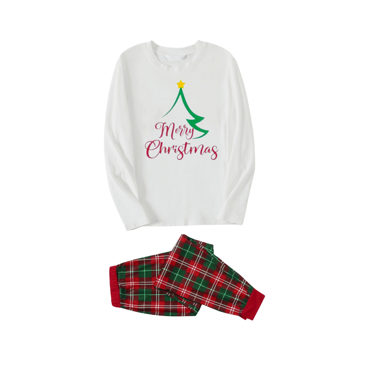 Chic und Stil | Star Shaped Christmas Tree with "Merry Christmas" in artistic writing White long sleeve shirt with red and green checkered pants Matching pajamas for the whole family
