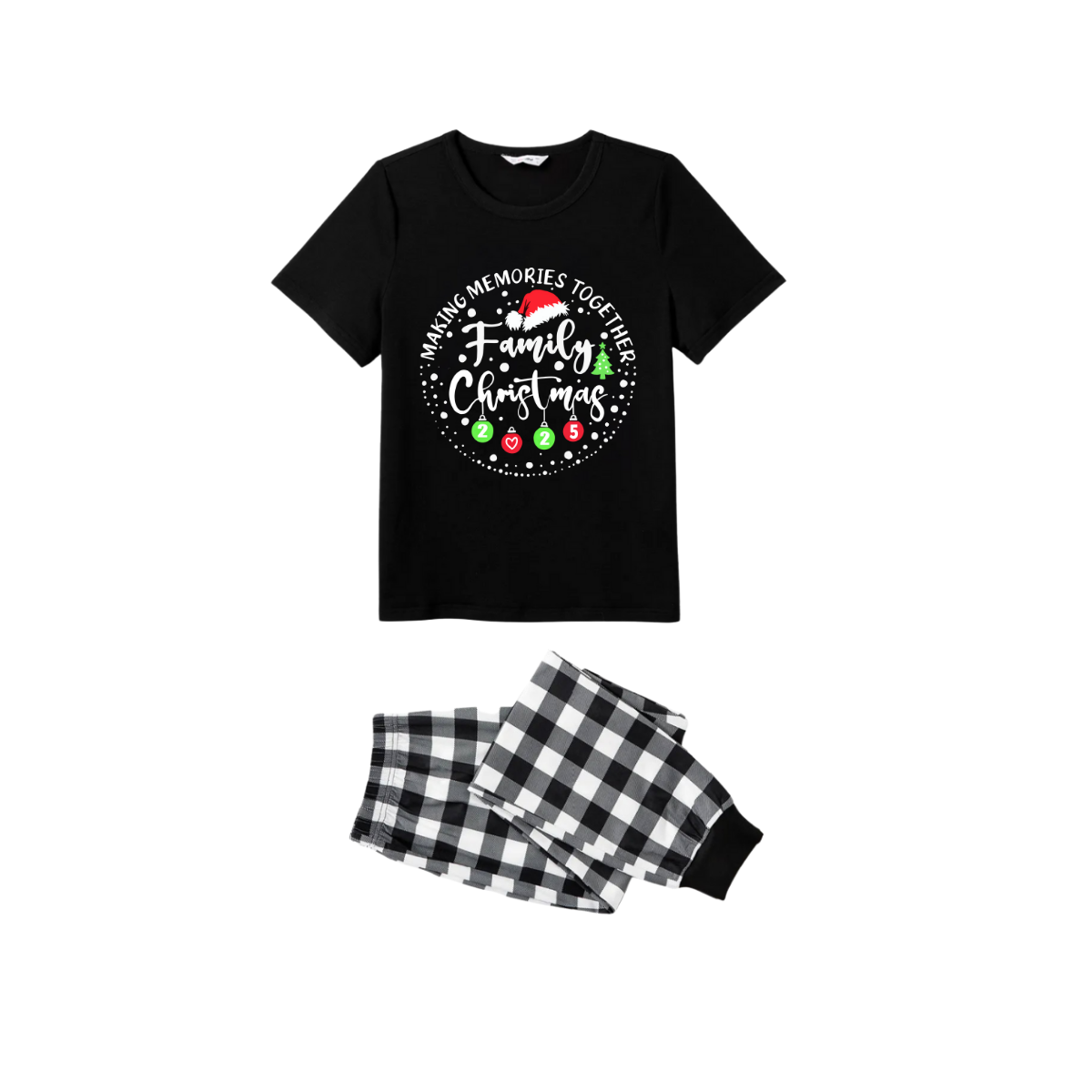 Chic und Stil | Shared Memories Family Christmas 2025 Pajama Set - Black Top Black and White Checkered Pants White Text Graphic
