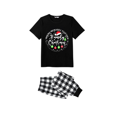 Chic und Stil | Shared Memories Family Christmas 2025 Pajama Set - Black Top Black and White Checkered Pants White Text Graphic