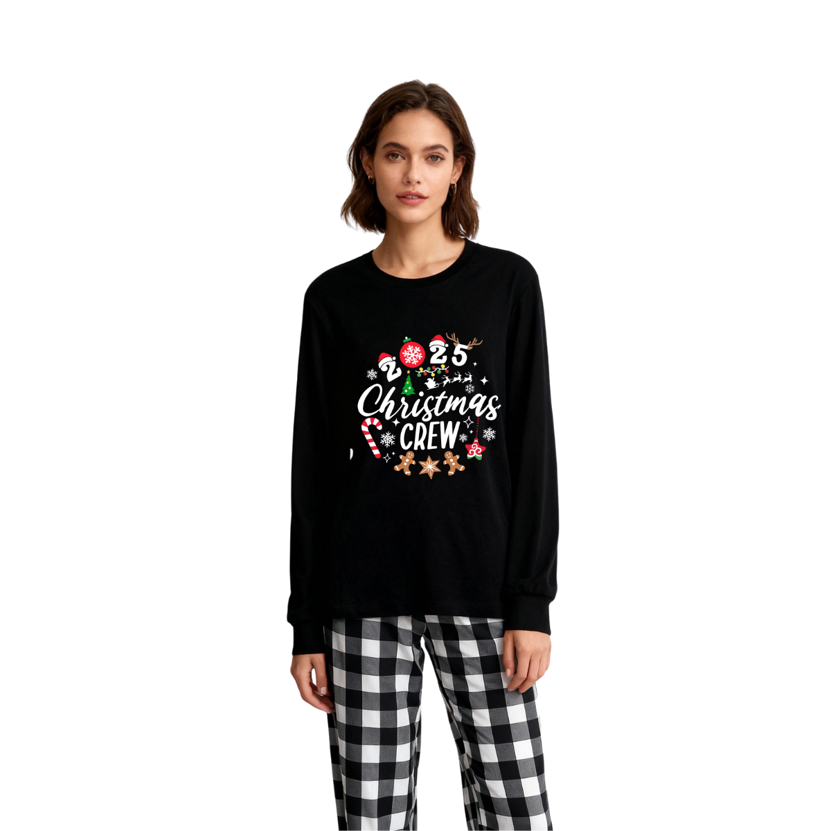 Chic und Stil | 2025 Christmas Crew Creating Memories Text Print Black Long Sleeve Shirt with Black and White Checkered Pants Family Matching Pajamas