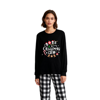 Chic und Stil | 2025 Christmas Crew Creating Memories Text Print Black Long Sleeve Shirt with Black and White Checkered Pants Family Matching Pajamas