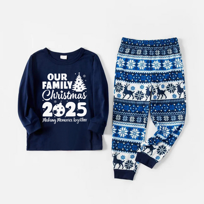 Chic und Stil | Our Family Christmas 2025 Creating Memories Together' Letter Print Long Sleeve Blue With Pants Blue Flowers Coordinated Family Pajama Sets