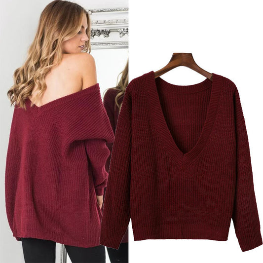 Pull en tricot pour femmes avec décolleté V plongeant et manches ballon décontractées Chic und Stil