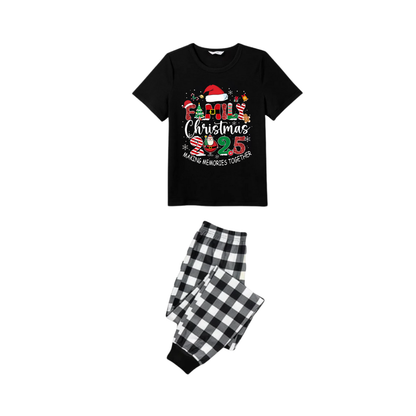 Chic und Stil | Black-and-white checked Christmas shorts-sleeve pajama set with "Creating family Christmas 2025 memories together" text print