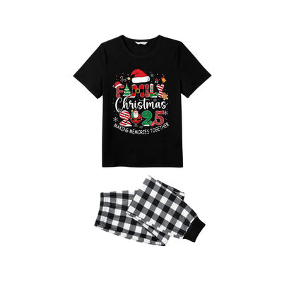 Chic und Stil | Black-and-white checked Christmas shorts-sleeve pajama set with "Creating family Christmas 2025 memories together" text print