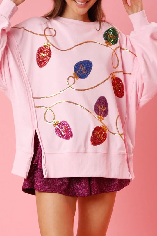 Chic und Stil | Christmas Lights Sequin Slit Pullover Sweatshirt