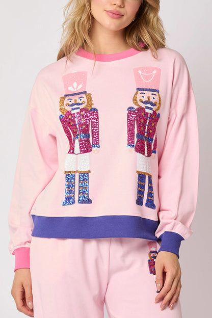 Chic und Stil | Santa Claus Sequin Casual Sweatshirt and Elastic Waist Loose Pocket Pants Set