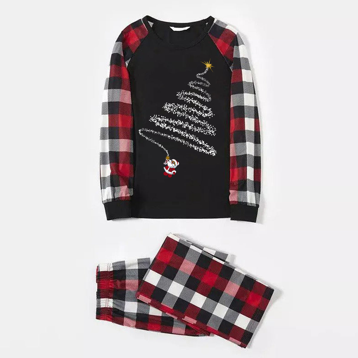 Chic und Stil | Santa Claus print pattern casual long sleeve sweatshirts contrast tops and red & black & white checked pants family matching pajama set with pet bandana
