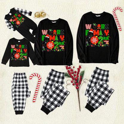Chic und Stil | Christmas "We are Family" Colorful Multi-Element Letter Black Long Sleeve Top with Black and White Checkered Pants Family Matching Pajamas