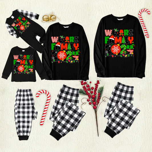 Chic und Stil | Christmas "We are Family" Colorful Multi-Element Letter Black Long Sleeve Top with Black and White Checkered Pants Family Matching Pajamas