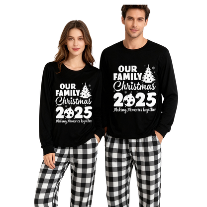 Chic und Stil | Our Family Christmas 2025 Joint Memories' Letter Print Black Long Sleeve Shirt with Black and White Checkered Pants Family Matching Pajamas